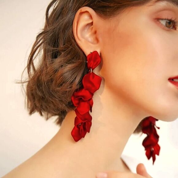 Red Rose Petal Long Earrings - Picture 7 of 15
